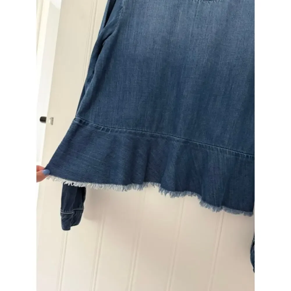 Cloth & Stone Chambray Lyocell Peplum Top Frayed Hem Button Back Long Sleeve S - Picture 5 of 10